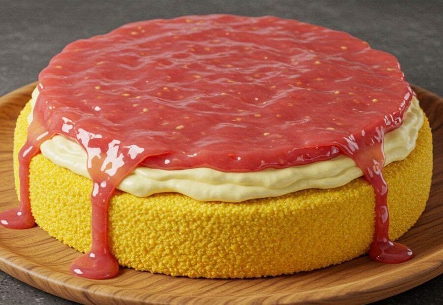 bolo de fubá com cobertura de requeijão e goiabada,